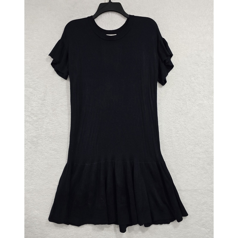H&M Women's Black T-shirt Dress Sz XS Short Ruffled Sleeve Drop Waist Round Neck
